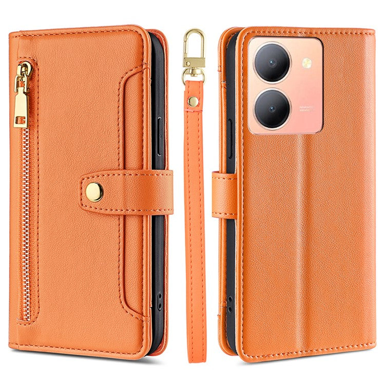 Multiple Card Slots Shell for vivo Y78 5G Zipper Pocket Phone Leather Case Anti-drop Cover with Straps - Orange