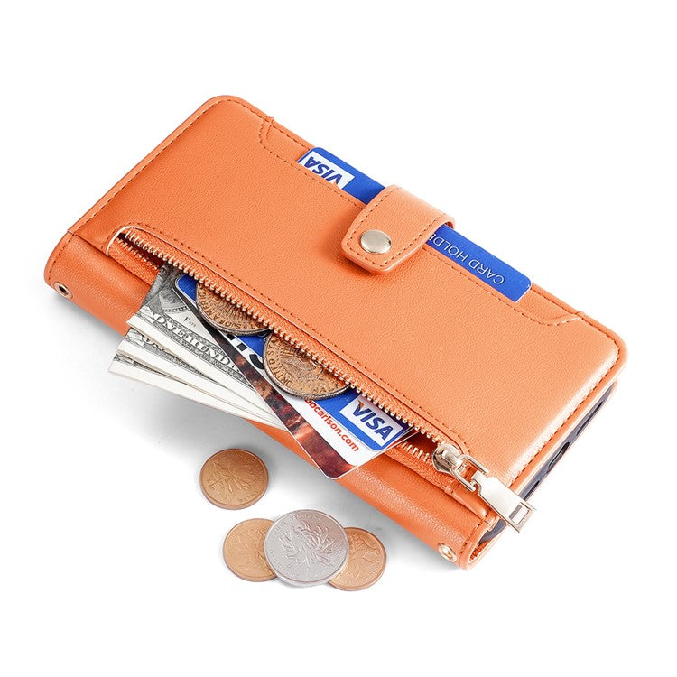 Multiple Card Slots Shell for vivo Y78 5G Zipper Pocket Phone Leather Case Anti-drop Cover with Straps - Orange