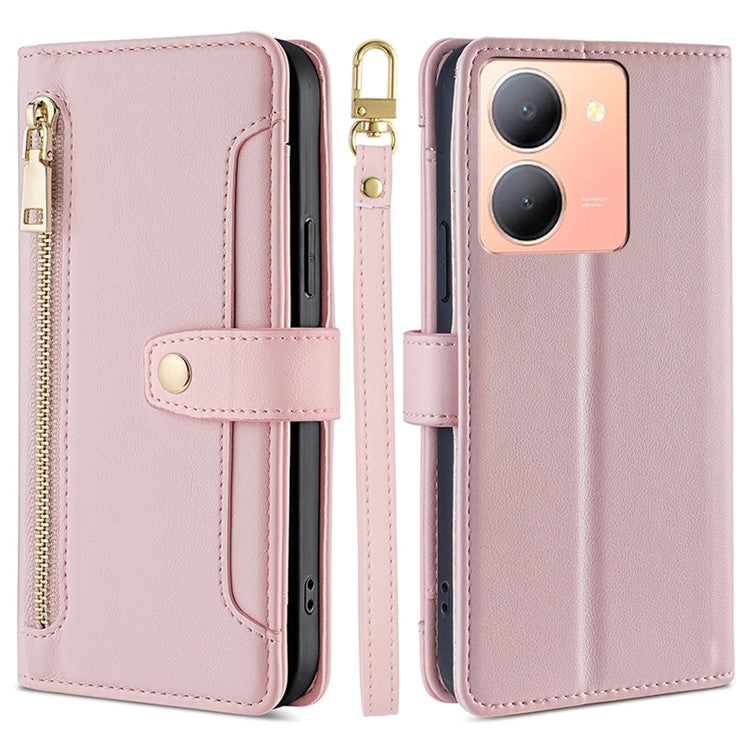 Multiple Card Slots Shell for vivo Y78 5G Zipper Pocket Phone Leather Case Anti-drop Cover with Straps - Pink