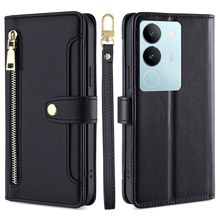 Multiple Card Slots Anti-fall Shell for vivo S17 5G / S17 Pro 5G , Zipper Pocket Phone Leather Case with Straps - Black