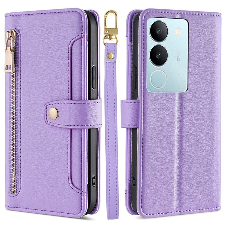 Multiple Card Slots Anti-fall Shell for vivo S17 5G / S17 Pro 5G , Zipper Pocket Phone Leather Case with Straps - Purple