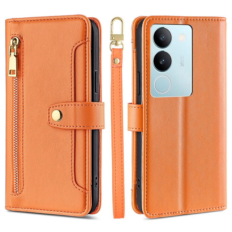 Multiple Card Slots Anti-fall Shell for vivo S17 5G / S17 Pro 5G , Zipper Pocket Phone Leather Case with Straps - Orange