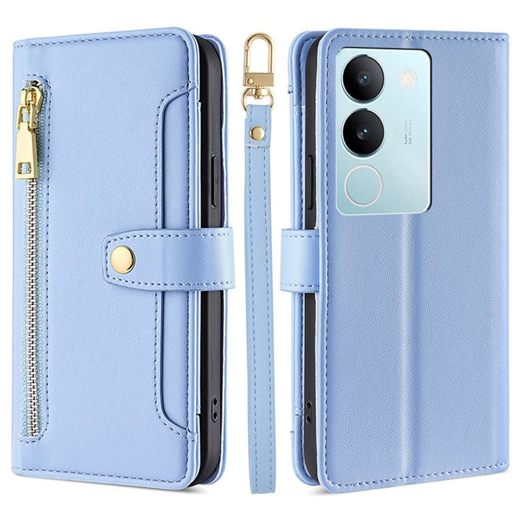 Multiple Card Slots Anti-fall Shell for vivo S17 5G / S17 Pro 5G , Zipper Pocket Phone Leather Case with Straps - Blue