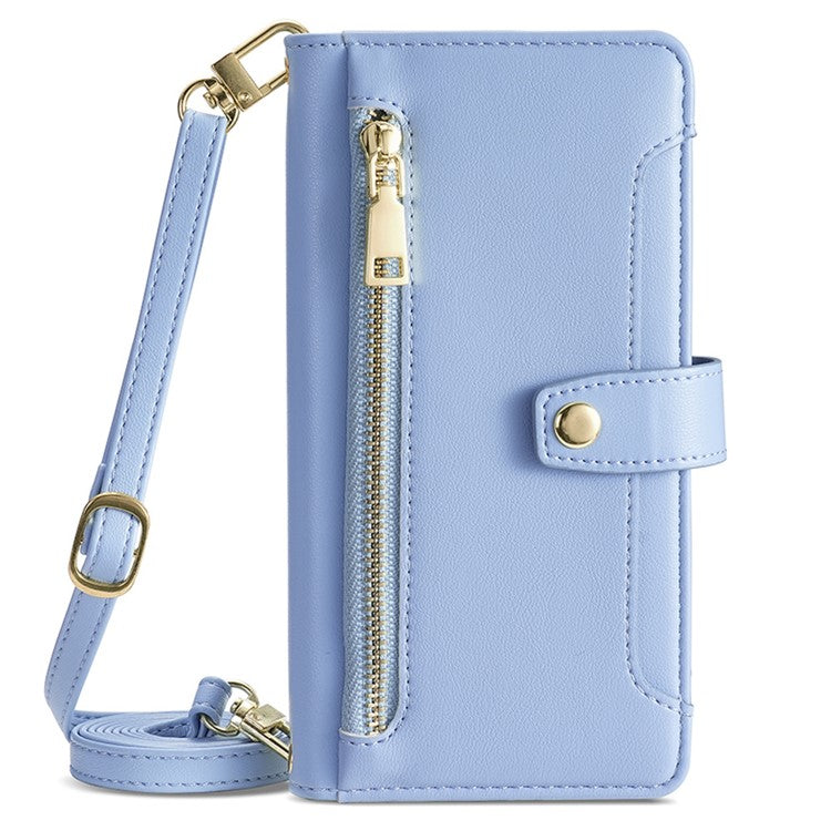 Multiple Card Slots Anti-fall Shell for vivo S17 5G / S17 Pro 5G , Zipper Pocket Phone Leather Case with Straps - Blue