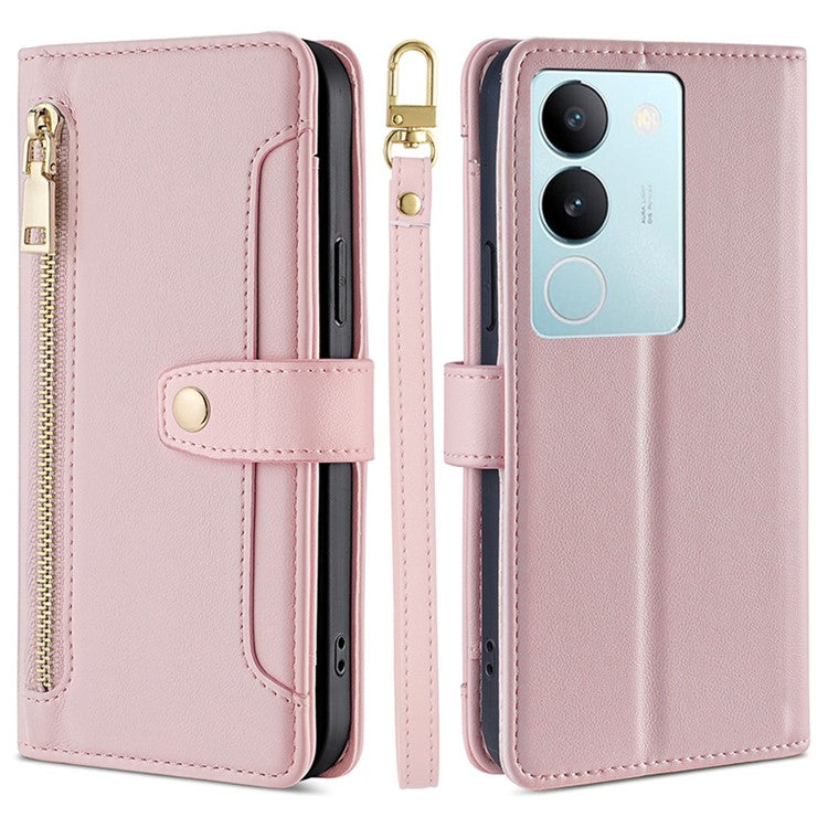 Multiple Card Slots Anti-fall Shell for vivo S17 5G / S17 Pro 5G , Zipper Pocket Phone Leather Case with Straps - Pink