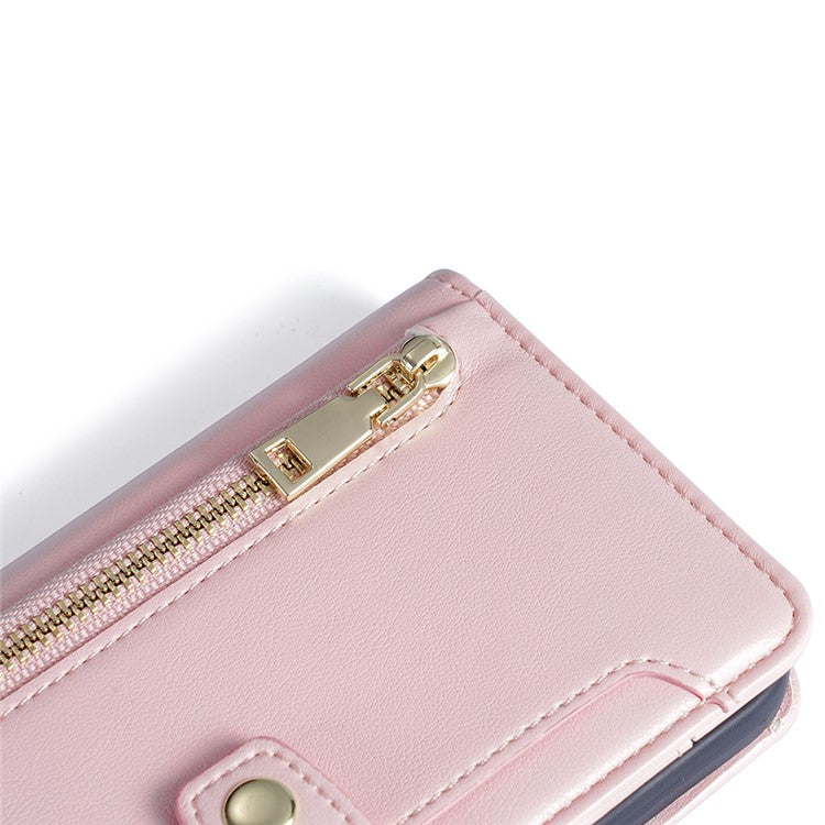 Multiple Card Slots Anti-fall Shell for vivo S17 5G / S17 Pro 5G , Zipper Pocket Phone Leather Case with Straps - Pink