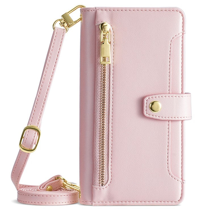 Multiple Card Slots Anti-fall Shell for vivo S17 5G / S17 Pro 5G , Zipper Pocket Phone Leather Case with Straps - Pink