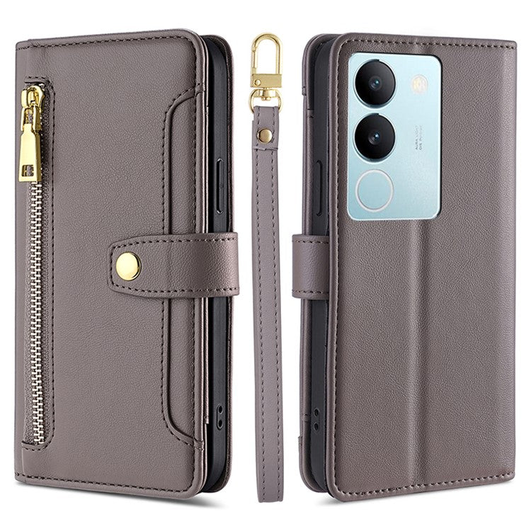 Multiple Card Slots Anti-fall Shell for vivo S17 5G / S17 Pro 5G , Zipper Pocket Phone Leather Case with Straps - Grey