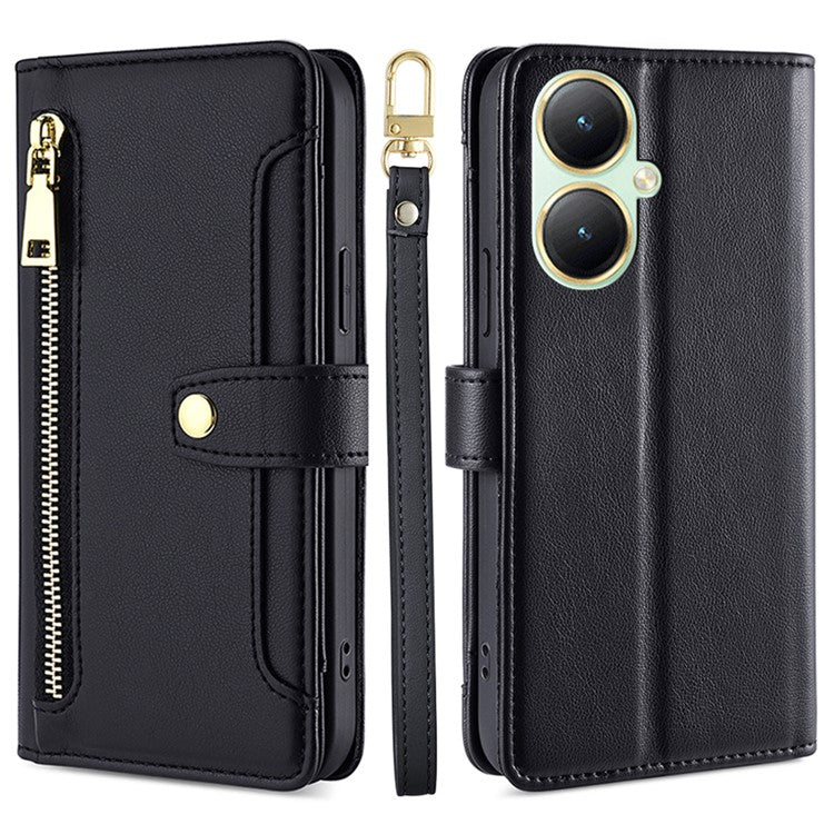 Phone Shell for vivo Y35+ 5G / Y35m+ 5G , Zipper Pocket Card Holder Leather Flip Case with Straps - Black