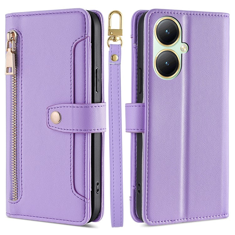 Phone Shell for vivo Y35+ 5G / Y35m+ 5G , Zipper Pocket Card Holder Leather Flip Case with Straps - Purple