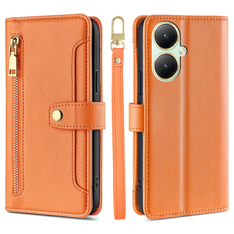 Phone Shell for vivo Y35+ 5G / Y35m+ 5G , Zipper Pocket Card Holder Leather Flip Case with Straps - Orange