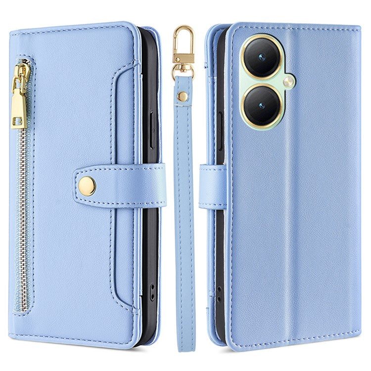 Phone Shell for vivo Y35+ 5G / Y35m+ 5G , Zipper Pocket Card Holder Leather Flip Case with Straps - Blue