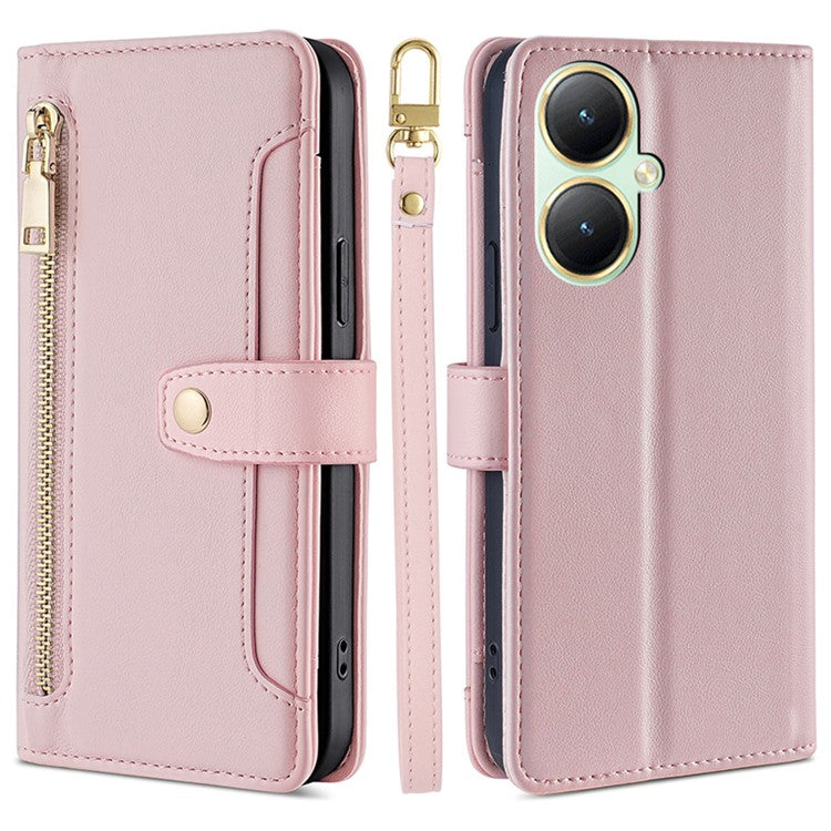 Phone Shell for vivo Y35+ 5G / Y35m+ 5G , Zipper Pocket Card Holder Leather Flip Case with Straps - Pink