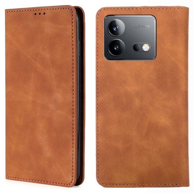 For vivo iQOO Neo8 Pro 5G / Neo8 5G Skin-touch Cell Phone Cover Stand PU Leather Shell Card Slot Phone Case - Light Brown