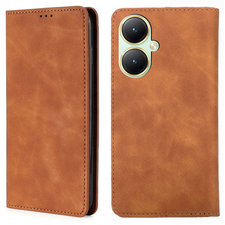 For vivo Y35+ 5G / Y35m+ 5G Anti-Scratch Phone Case Stand Card Holder Skin-touch PU Leather Phone Cover - Light Brown