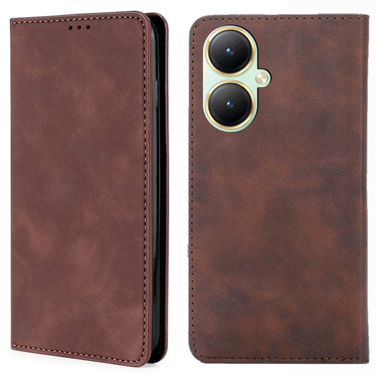 For vivo Y35+ 5G / Y35m+ 5G Anti-Scratch Phone Case Stand Card Holder Skin-touch PU Leather Phone Cover - Dark Brown