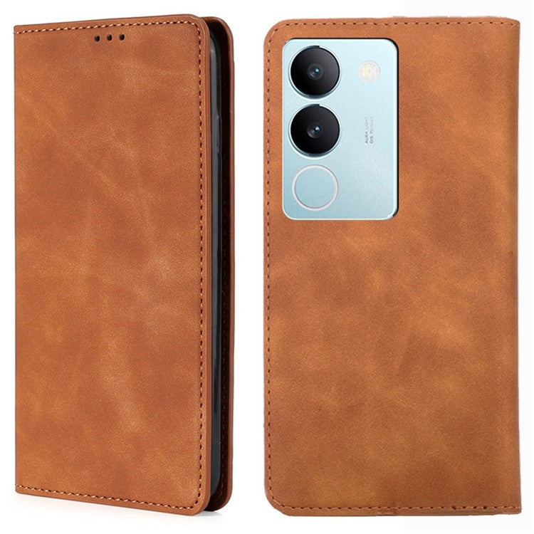 For vivo S17 Pro 5G / S17 5G Skin-touch PU Leather Phone Case Stand Card Holder Cover Cell Phone Shell - Light Brown