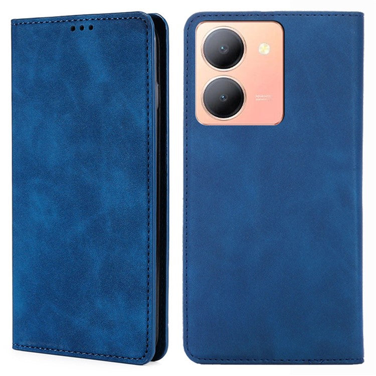 For vivo Y78 5G Foldable Stand Phone Cover Card Holder Skin-Touch Slim-Fit PU Leather Phone Case - Blue