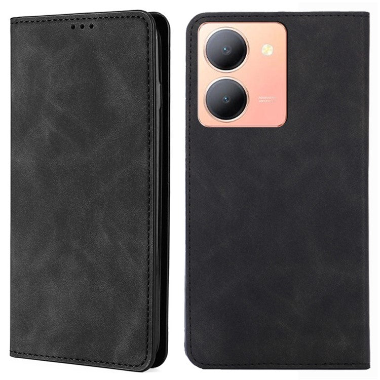 For vivo Y78 5G Foldable Stand Phone Cover Card Holder Skin-Touch Slim-Fit PU Leather Phone Case - Black