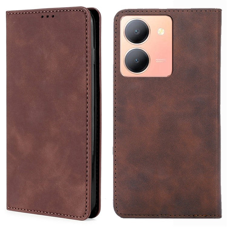 For vivo Y78 5G Foldable Stand Phone Cover Card Holder Skin-Touch Slim-Fit PU Leather Phone Case - Dark Brown