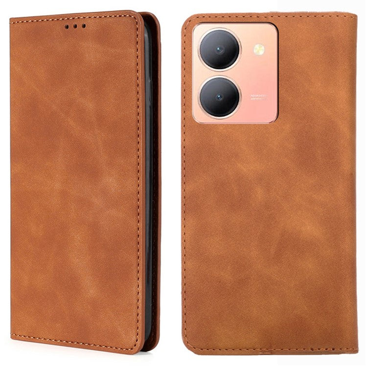 For vivo Y78 5G Foldable Stand Phone Cover Card Holder Skin-Touch Slim-Fit PU Leather Phone Case - Light Brown