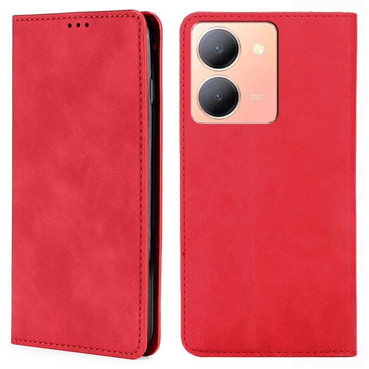 For vivo Y78 5G Foldable Stand Phone Cover Card Holder Skin-Touch Slim-Fit PU Leather Phone Case - Red