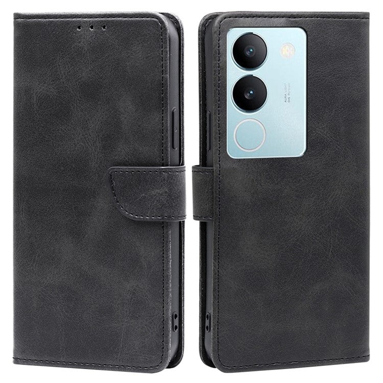 For vivo S17 5G / S17 Pro 5G Calf Texture Phone Wallet Case PU Leather Stand Anti-drop Cover - Black