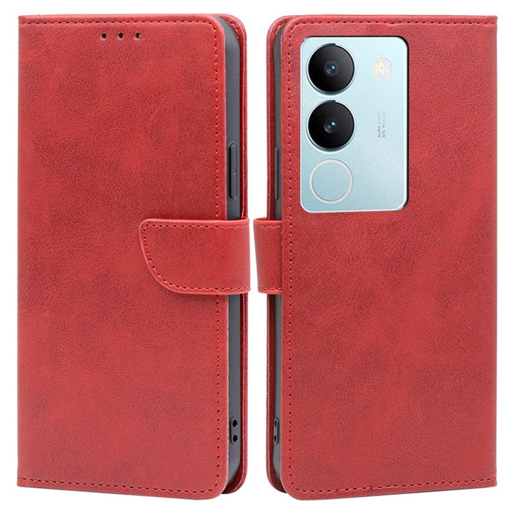 For vivo S17 5G / S17 Pro 5G Calf Texture Phone Wallet Case PU Leather Stand Anti-drop Cover - Red