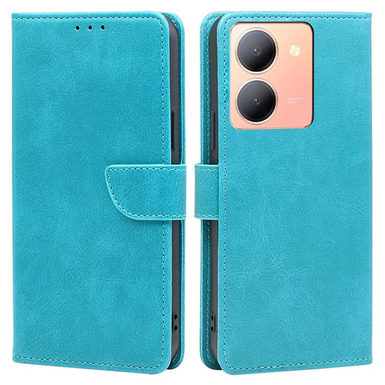 Stand Anti-drop Cover for vivo Y78 5G , Calf Texture Phone Wallet Case PU Leather Protection Shell - Baby Blue