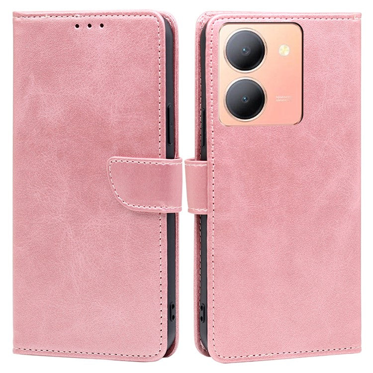 Stand Anti-drop Cover for vivo Y78 5G , Calf Texture Phone Wallet Case PU Leather Protection Shell - Rose Gold