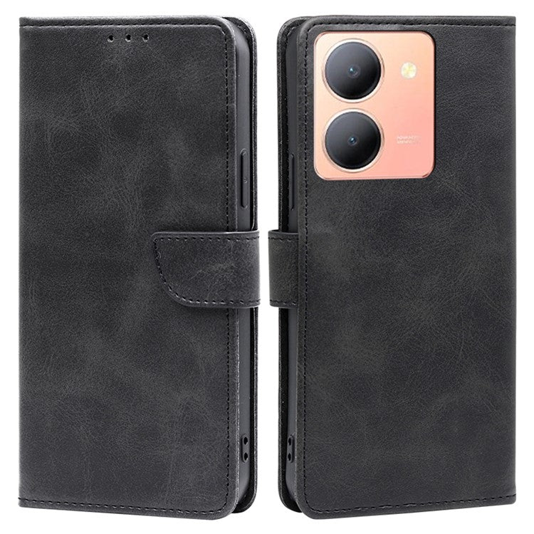 Stand Anti-drop Cover for vivo Y78 5G , Calf Texture Phone Wallet Case PU Leather Protection Shell - Black