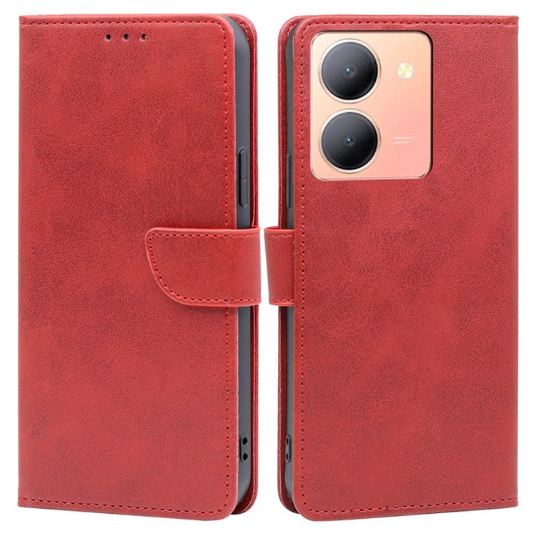 Stand Anti-drop Cover for vivo Y78 5G , Calf Texture Phone Wallet Case PU Leather Protection Shell - Red