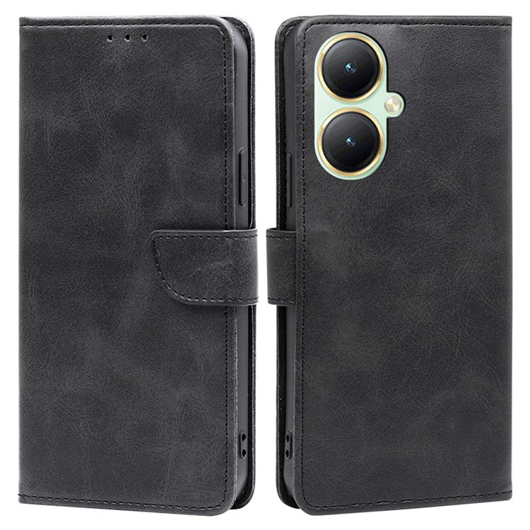 For vivo Y35+ 5G / Y35m+ 5G Slim-Fit Phone Shell Calf Texture Phone Wallet Case Dustproof PU Leather Stand Cover - Black