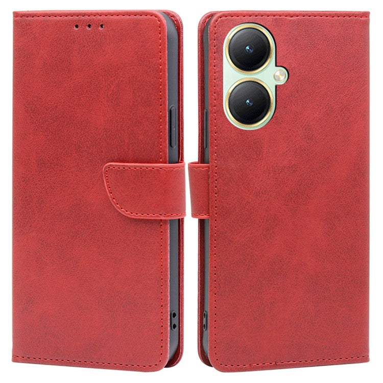 For vivo Y35+ 5G / Y35m+ 5G Slim-Fit Phone Shell Calf Texture Phone Wallet Case Dustproof PU Leather Stand Cover - Red