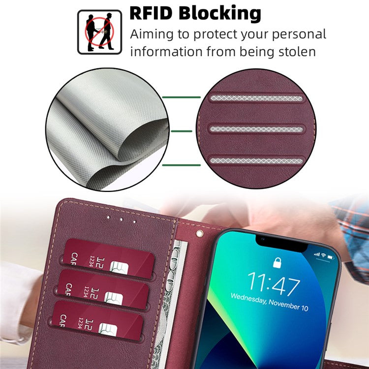 For vivo Y78 5G Cell Phone Case PU Leather Stand Cover RFID Blocking Wallet - Wine Red