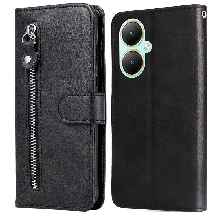 For vivo Y35m+ 5G /  Y35+ 5G PU Leather Zipper Folio Case Calf Texture Wallet Stand Phone Cover - Black