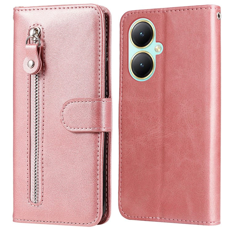 For vivo Y35m+ 5G /  Y35+ 5G PU Leather Zipper Folio Case Calf Texture Wallet Stand Phone Cover - Pink