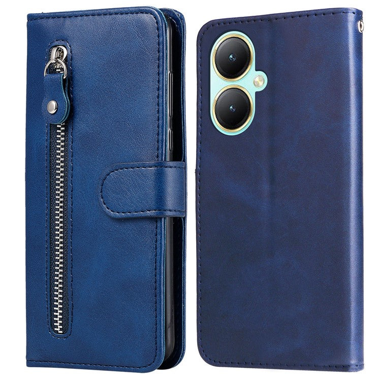 For vivo Y35m+ 5G /  Y35+ 5G PU Leather Zipper Folio Case Calf Texture Wallet Stand Phone Cover - Blue