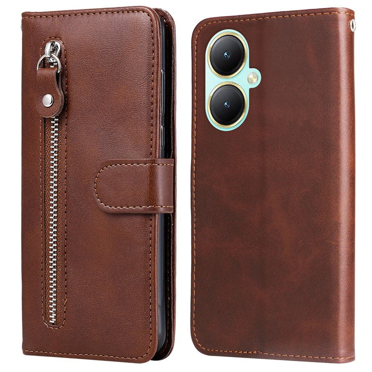 For vivo Y35m+ 5G /  Y35+ 5G PU Leather Zipper Folio Case Calf Texture Wallet Stand Phone Cover - Brown