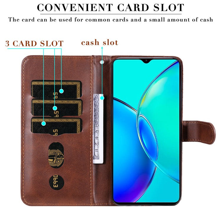 For vivo Y35m+ 5G /  Y35+ 5G PU Leather Zipper Folio Case Calf Texture Wallet Stand Phone Cover - Brown