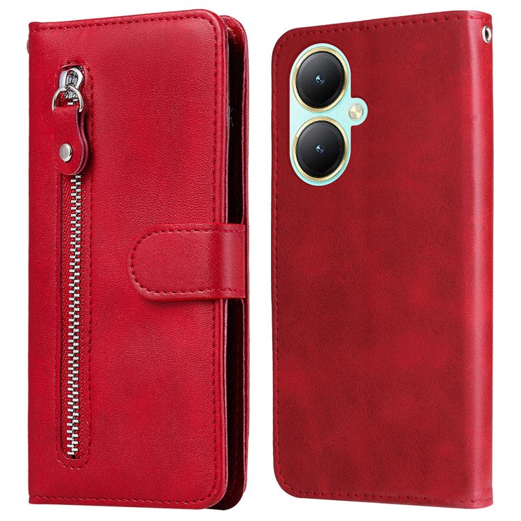 For vivo Y35m+ 5G /  Y35+ 5G PU Leather Zipper Folio Case Calf Texture Wallet Stand Phone Cover - Red