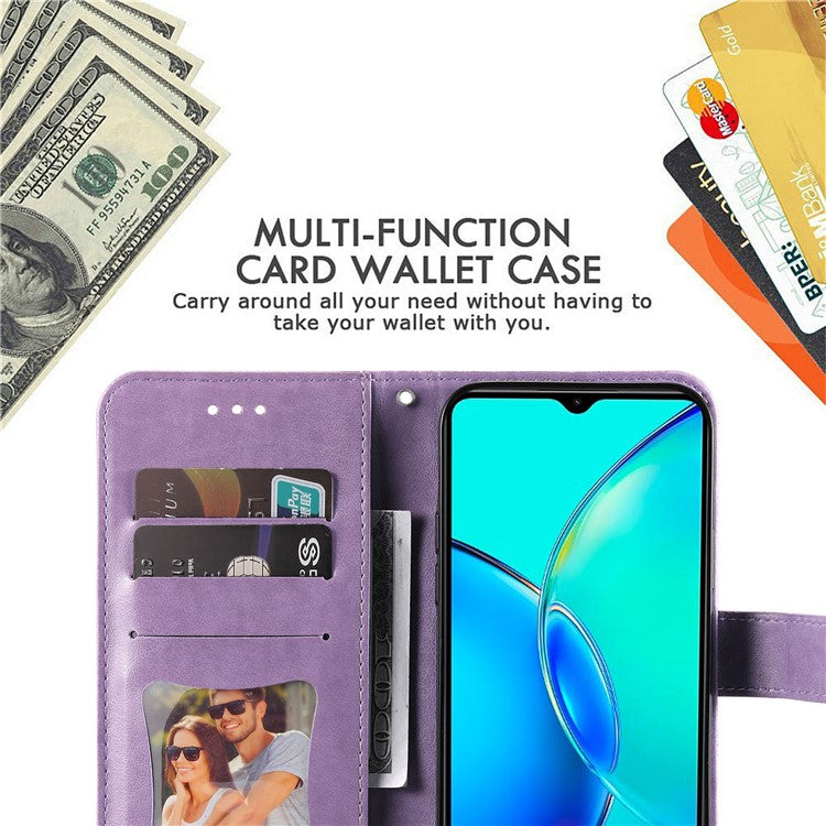 For vivo Y35m+ 5G / Y35+ 5G Wallet Case Imprinted Flower Pattern PU Leather Stand Phone Cover - Purple