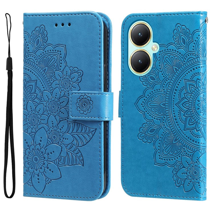 For vivo Y35m+ 5G / Y35+ 5G Wallet Case Imprinted Flower Pattern PU Leather Stand Phone Cover - Blue