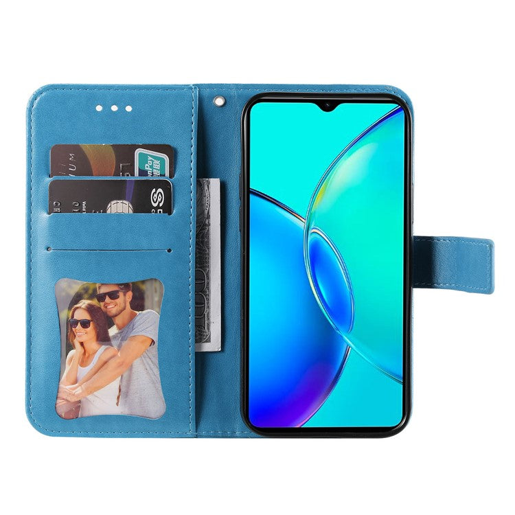 For vivo Y35m+ 5G / Y35+ 5G Wallet Case Imprinted Flower Pattern PU Leather Stand Phone Cover - Blue