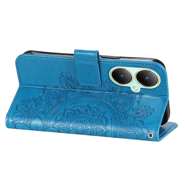 For vivo Y35m+ 5G / Y35+ 5G Wallet Case Imprinted Flower Pattern PU Leather Stand Phone Cover - Blue