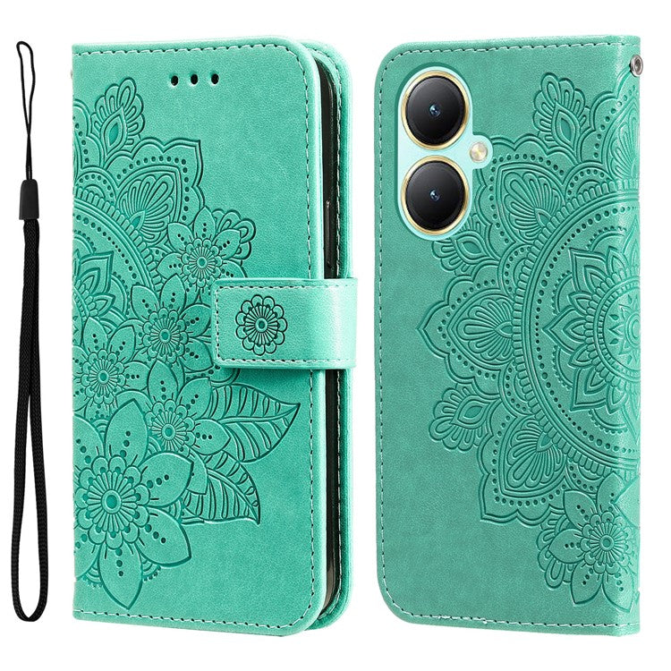 For vivo Y35m+ 5G / Y35+ 5G Wallet Case Imprinted Flower Pattern PU Leather Stand Phone Cover - Green