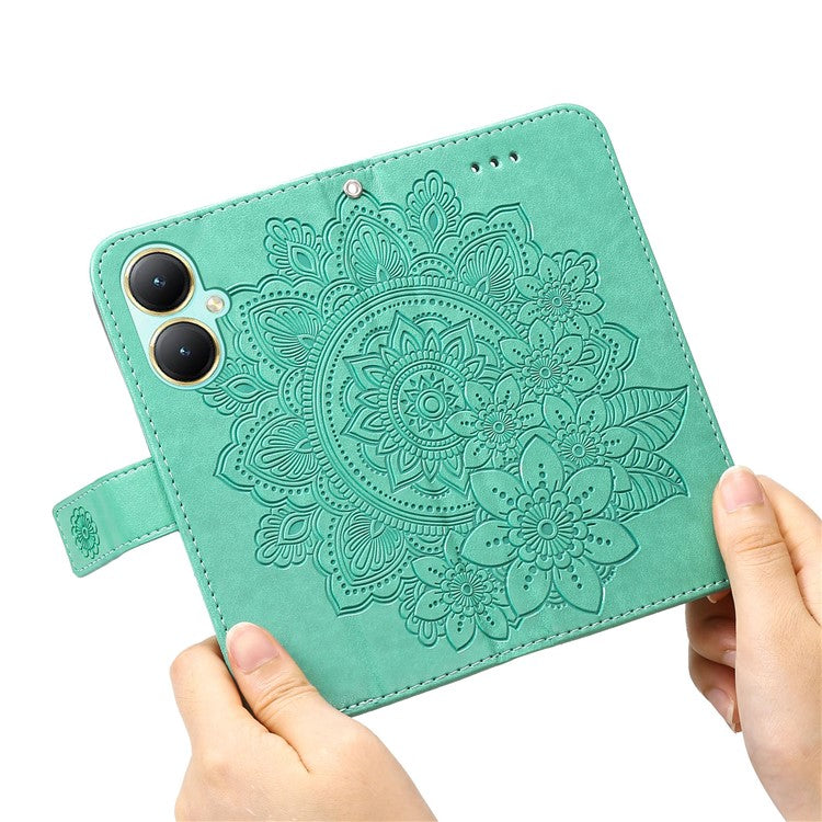 For vivo Y35m+ 5G / Y35+ 5G Wallet Case Imprinted Flower Pattern PU Leather Stand Phone Cover - Green