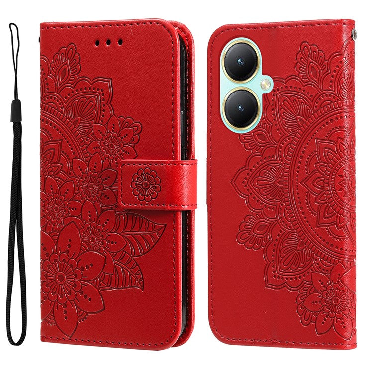 For vivo Y35m+ 5G / Y35+ 5G Wallet Case Imprinted Flower Pattern PU Leather Stand Phone Cover - Red