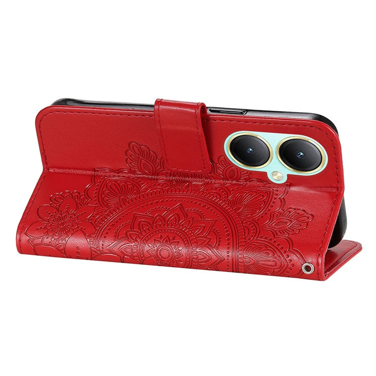 For vivo Y35m+ 5G / Y35+ 5G Wallet Case Imprinted Flower Pattern PU Leather Stand Phone Cover - Red