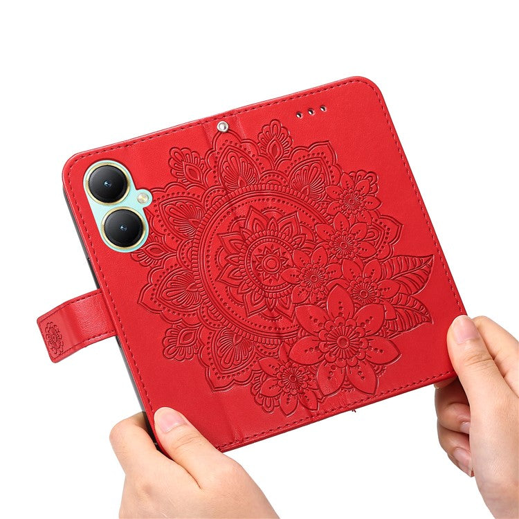 For vivo Y35m+ 5G / Y35+ 5G Wallet Case Imprinted Flower Pattern PU Leather Stand Phone Cover - Red